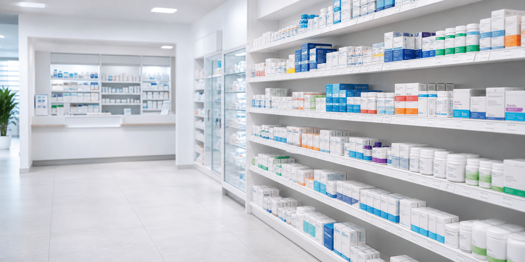 Medicines arranged on clean pharmacy shelves